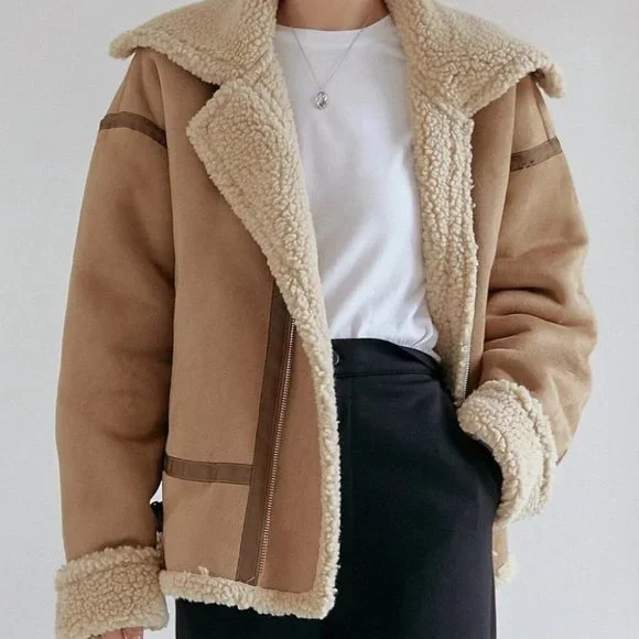 khaki zip up teddy lined coat casual streetwear fall winter - Picture 4 of 8